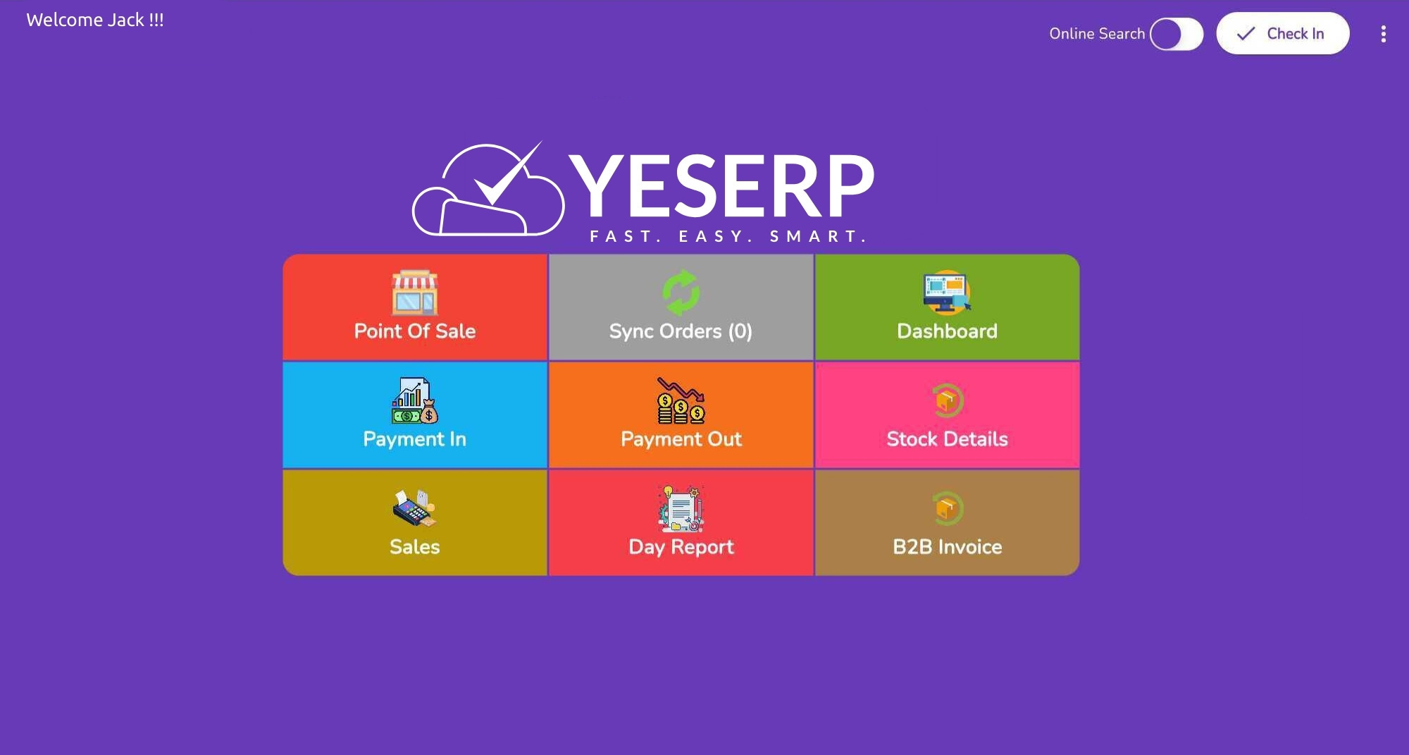 YESERP dashboard showing inventory stock levels and sales insights